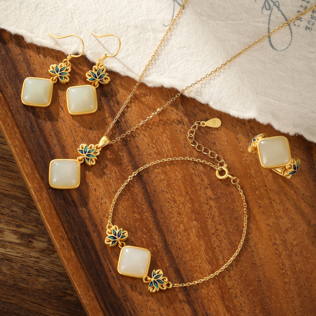 White Jade Earrings - Blue Lotus Awakening, Gold Plated Silver