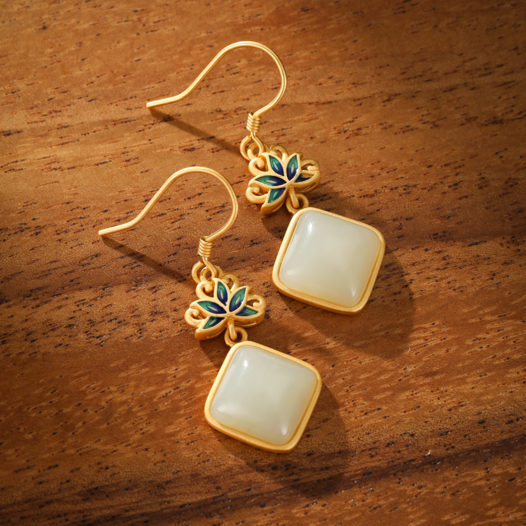 White Jade Earrings - Blue Lotus Awakening, Gold Plated Silver