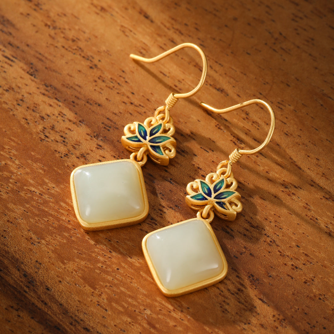 White Jade Earrings - Blue Lotus Awakening, Gold Plated Silver