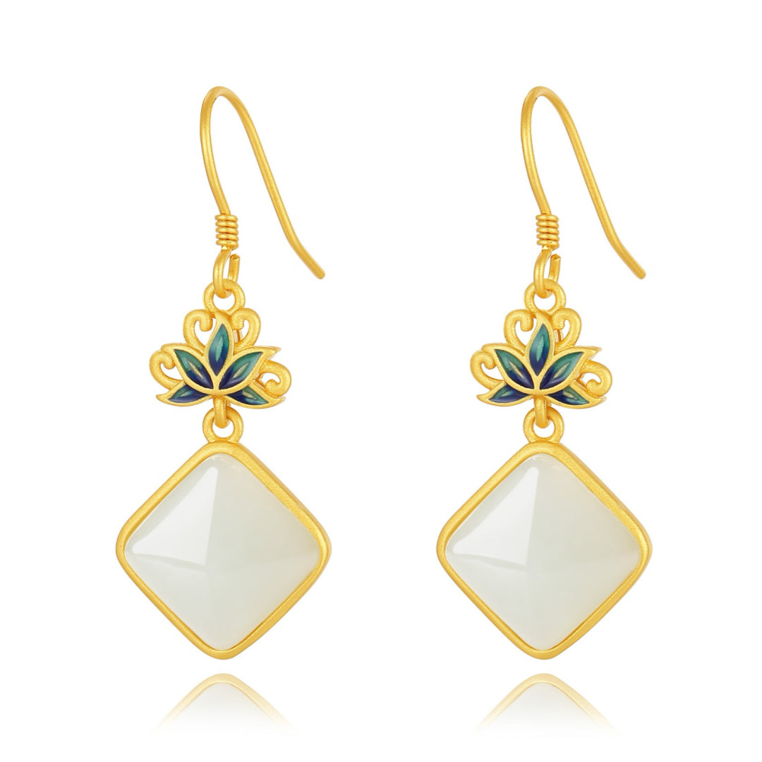 White Jade Earrings - Blue Lotus Awakening, Gold Plated Silver