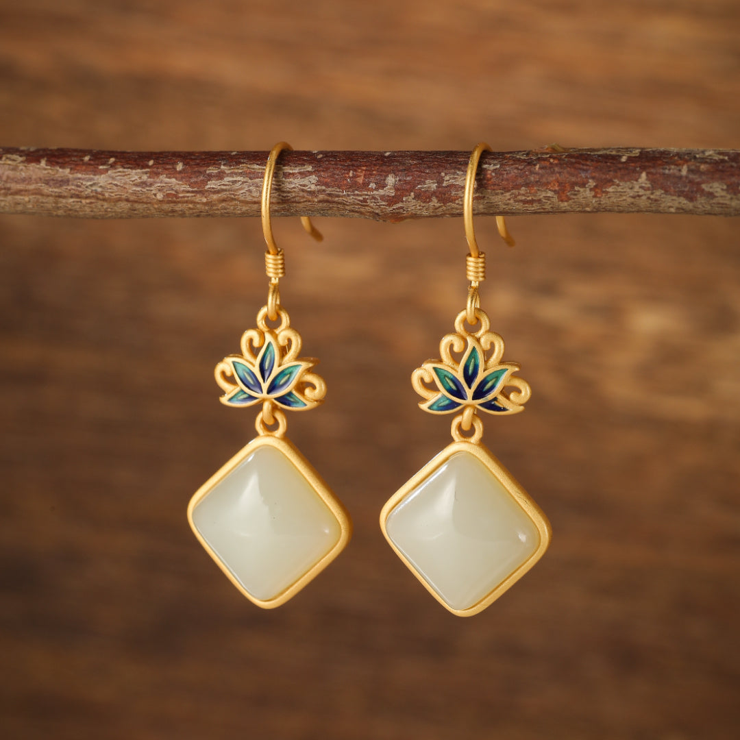White Jade Earrings - Blue Lotus Awakening, Gold Plated Silver