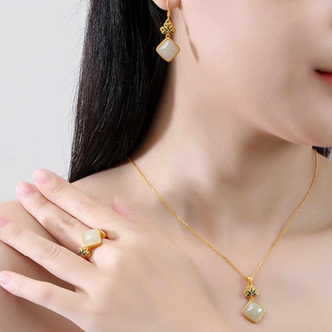 White Jade Earrings - Blue Lotus Awakening, Gold Plated Silver