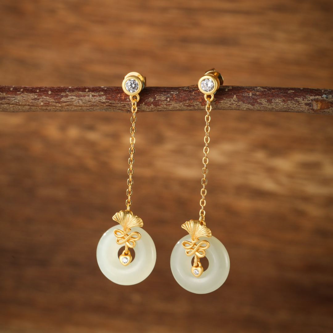 White Jade Earrings - Carnation Grace, Gold Plated Silver