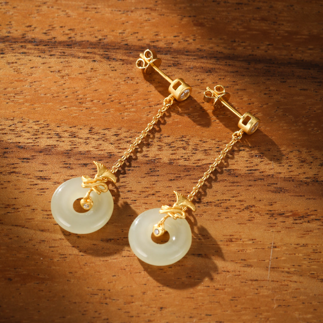 White Jade Earrings - Carnation Grace, Gold Plated Silver
