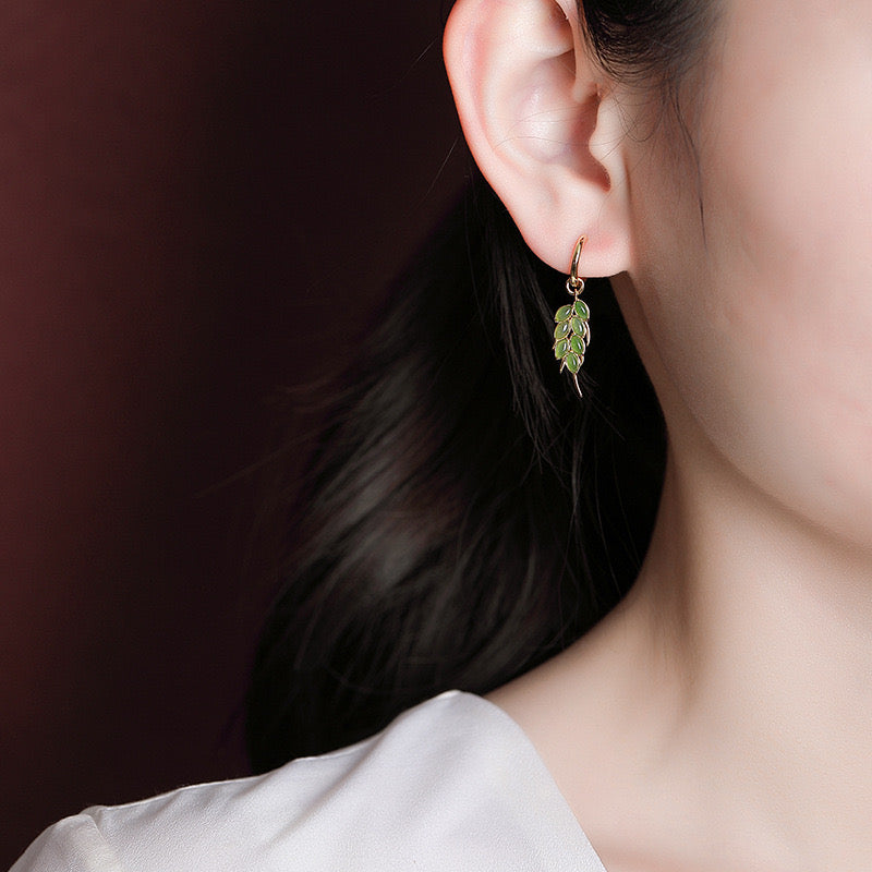 Jade Earrings – Serenity Leaves, Gold Plated Silver