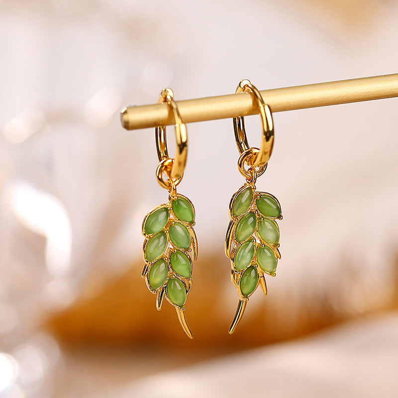 Jade Earrings – Serenity Leaves, Gold Plated Silver