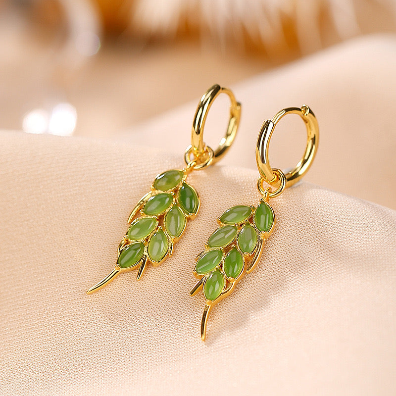Jade Earrings – Serenity Leaves, Gold Plated Silver