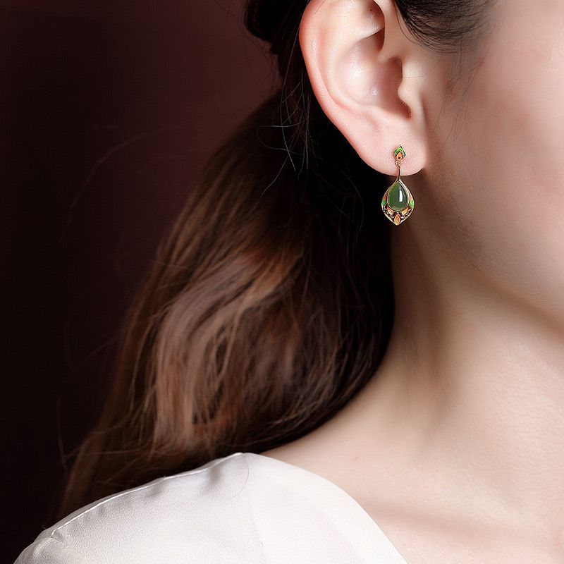 Jade Drop Earrings – Joyful Leaf, Gold Plated Silver