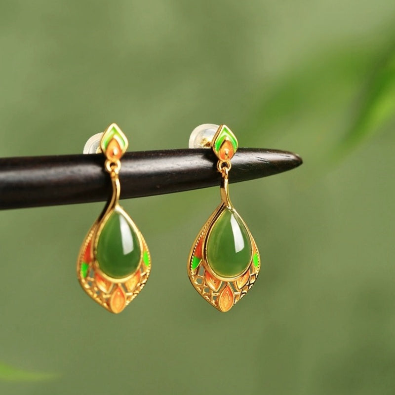 Jade Drop Earrings – Joyful Leaf, Gold Plated Silver