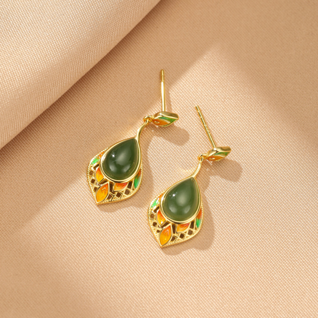 Jade Drop Earrings – Joyful Leaf, Gold Plated Silver