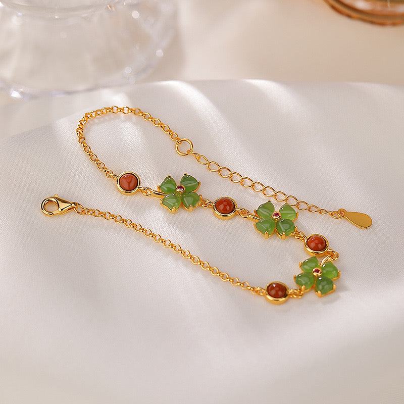 Jade Clover Bracelet – Serene Luck, Gold Plated Silver