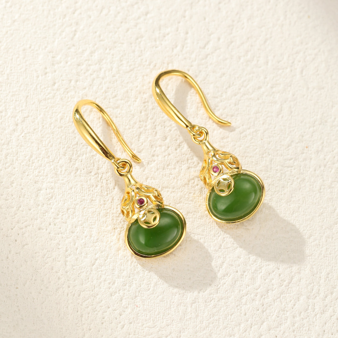 Brimful Green Jade Gourd Drop Earrings with ruby accents and gold-plated silver hooks.