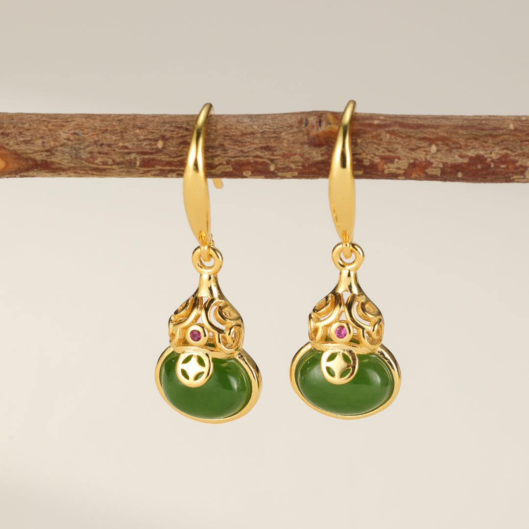 Brimful Green Jade Gourd Drop Earrings with gold-plated silver and ruby accents