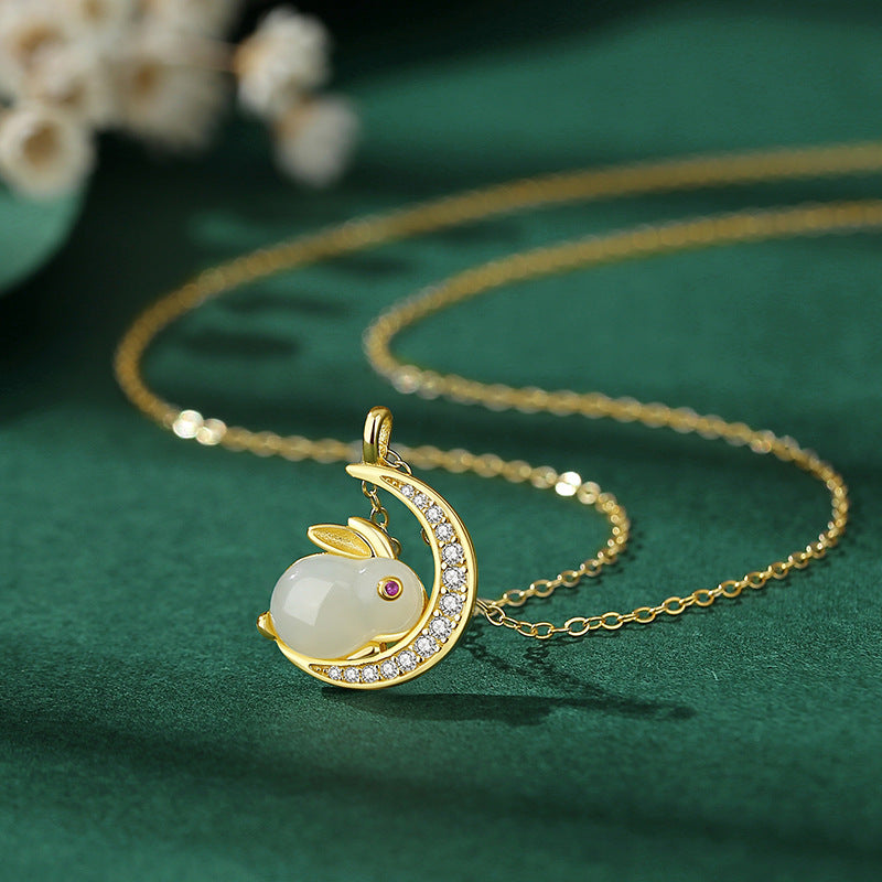 Jade Necklace – Rabbit on Moon, Gold Plated Silver