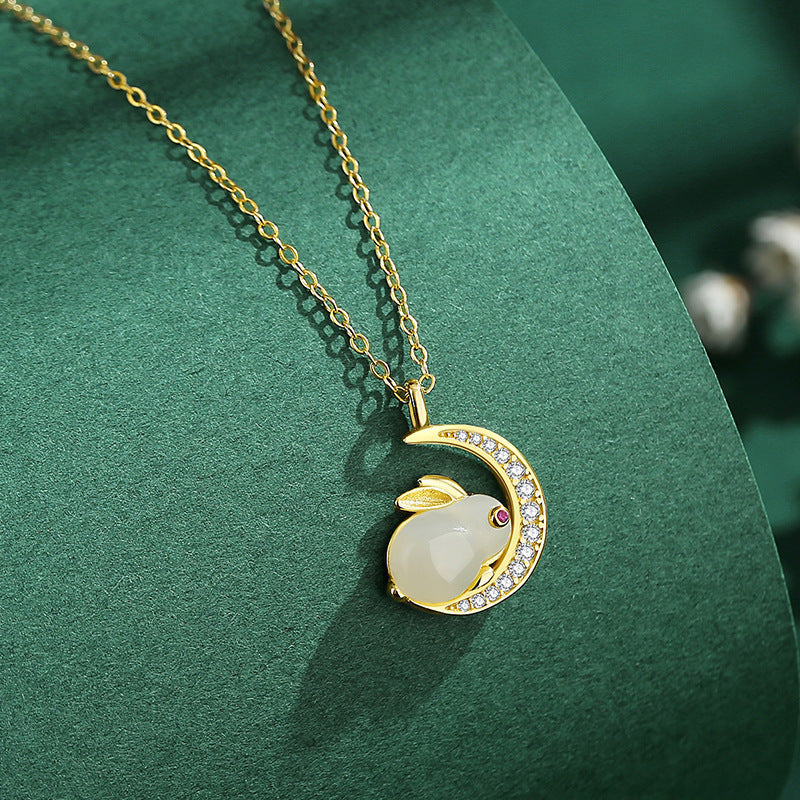 Jade Necklace – Rabbit on Moon, Gold Plated Silver