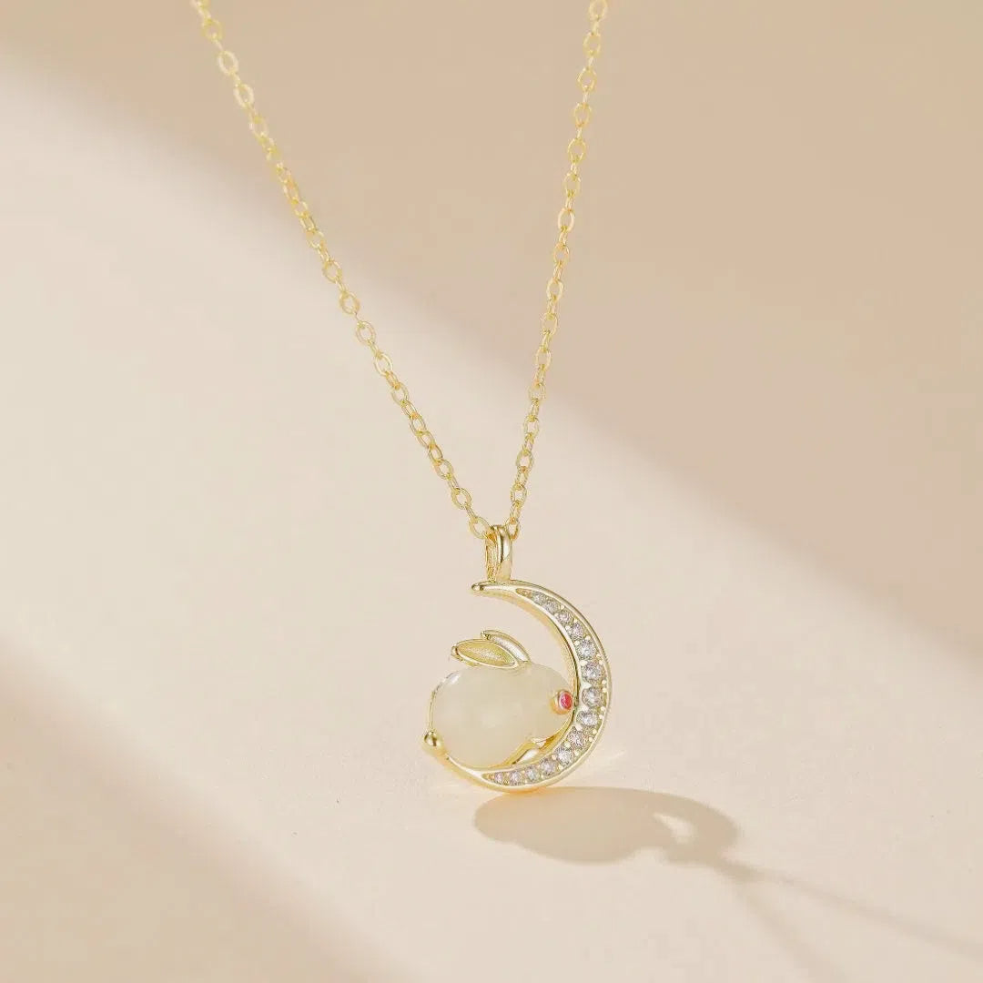 Jade Necklace – Rabbit on Moon, Gold Plated Silver
