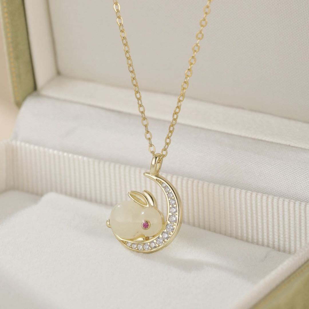 Jade Necklace – Rabbit on Moon, Gold Plated Silver