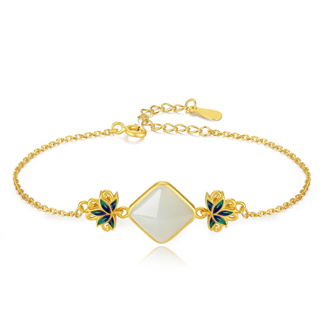 Ease Hetian Jade Lotus Bracelet with a square white jade stone and blue lotus flower accents on a gold-plated silver chain