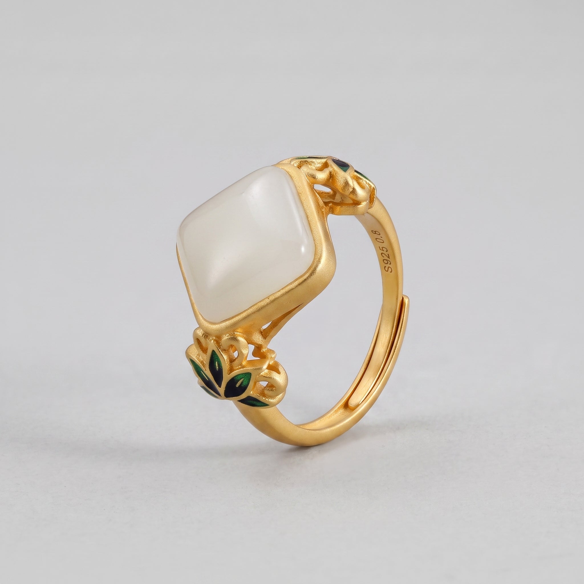 Ease Hetian Jade Lotus Ring with a square white jade stone set in a gold band with green enamel lotus leaf details and S925 stamp