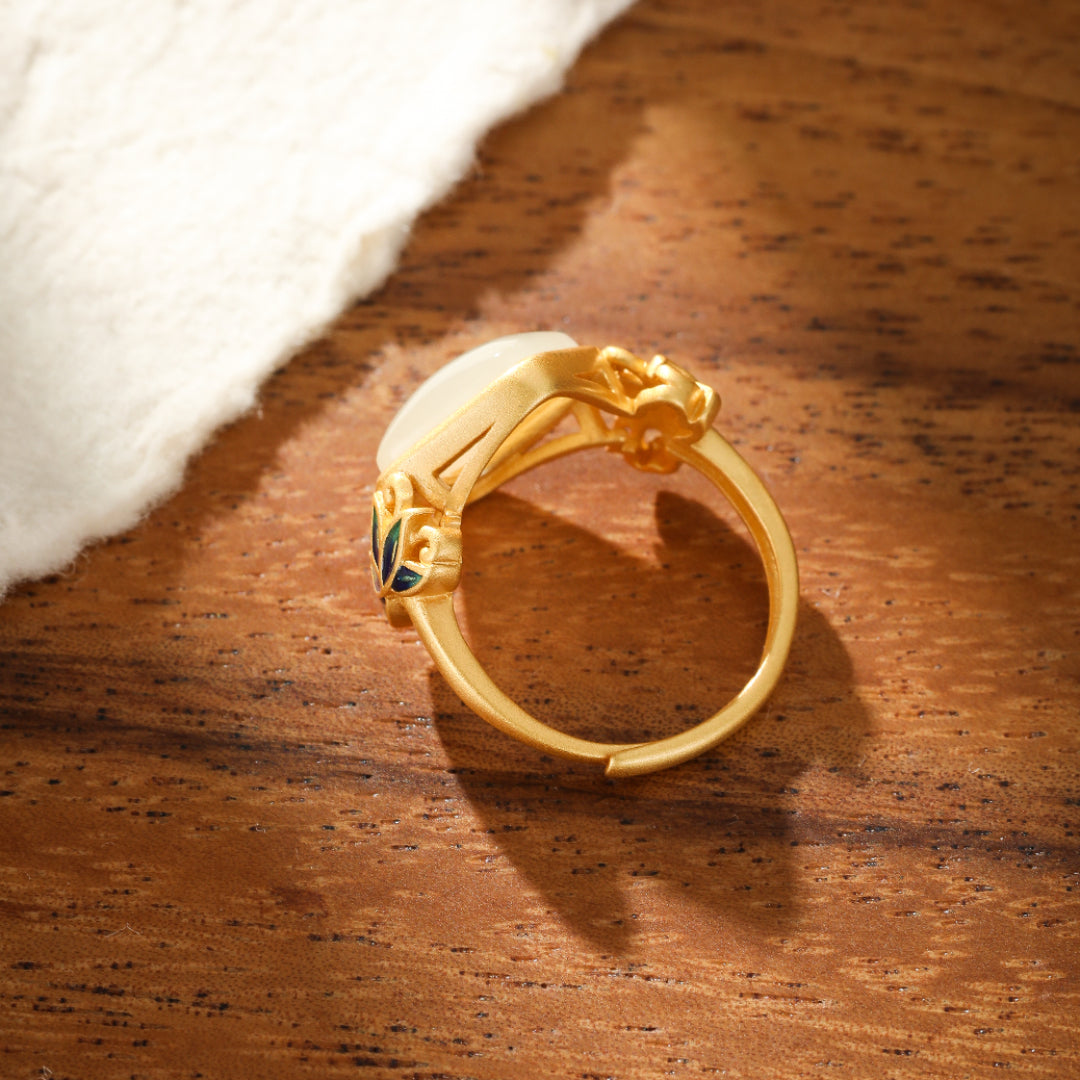Ease Hetian Jade Lotus Ring with blue enamel accents on a gold-plated silver band.