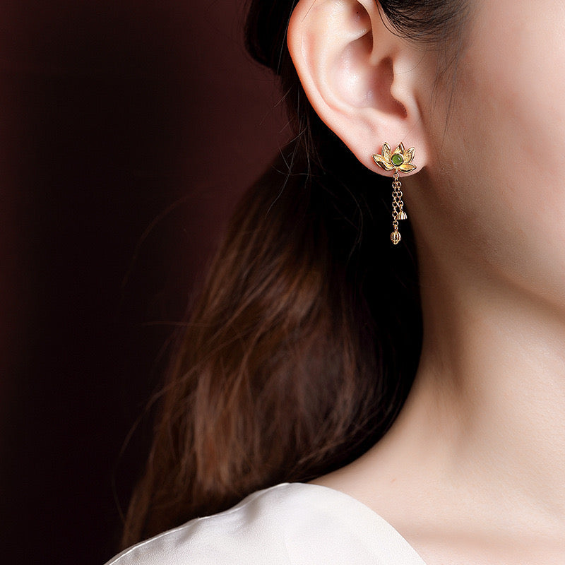 Evensong Green Jade Lotus Drop Earrings on model