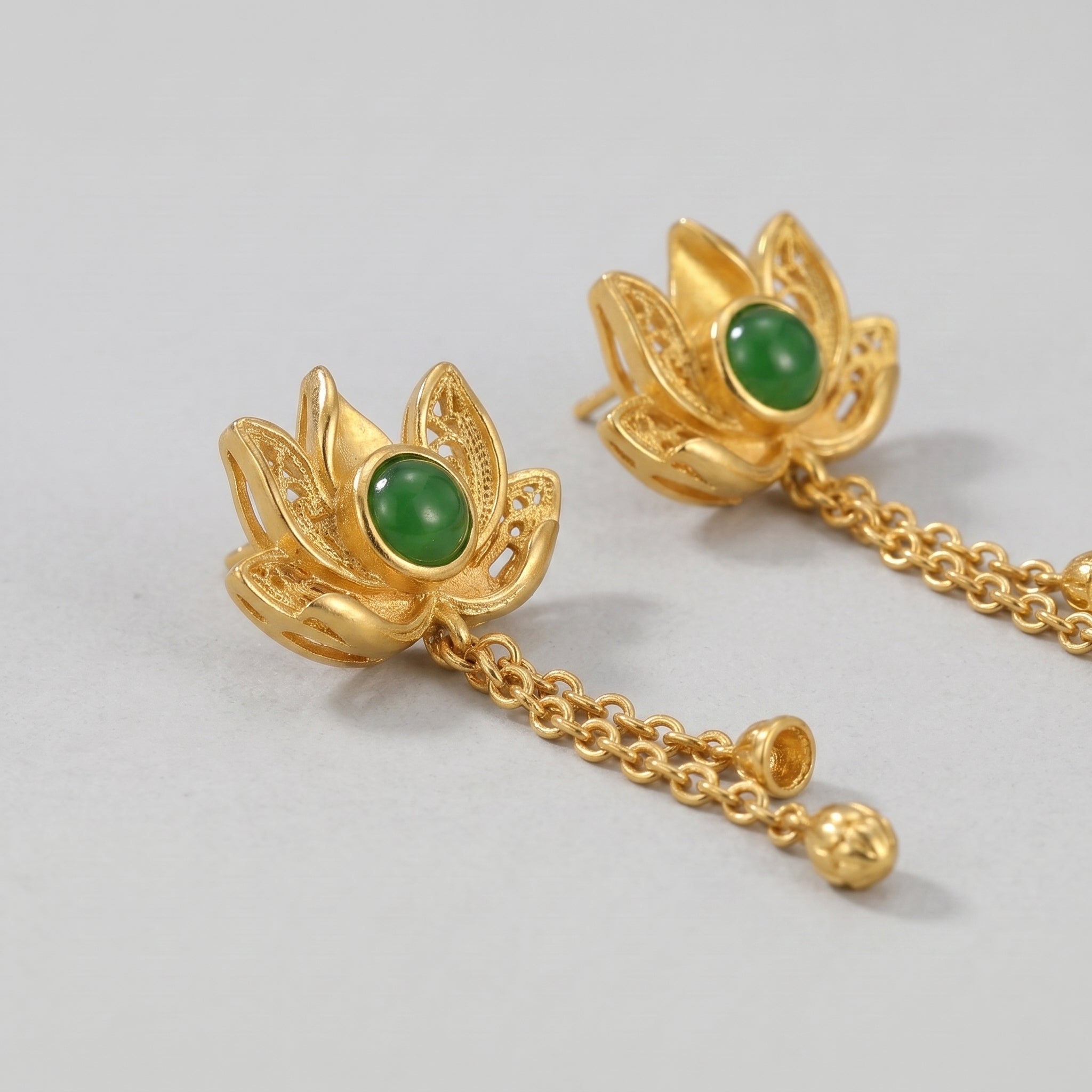 Evensong Green Jade Lotus Drop Earrings with gold chain detail