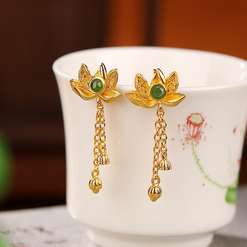 Evensong Green Jade Lotus Drop Earrings with gold plated accents.