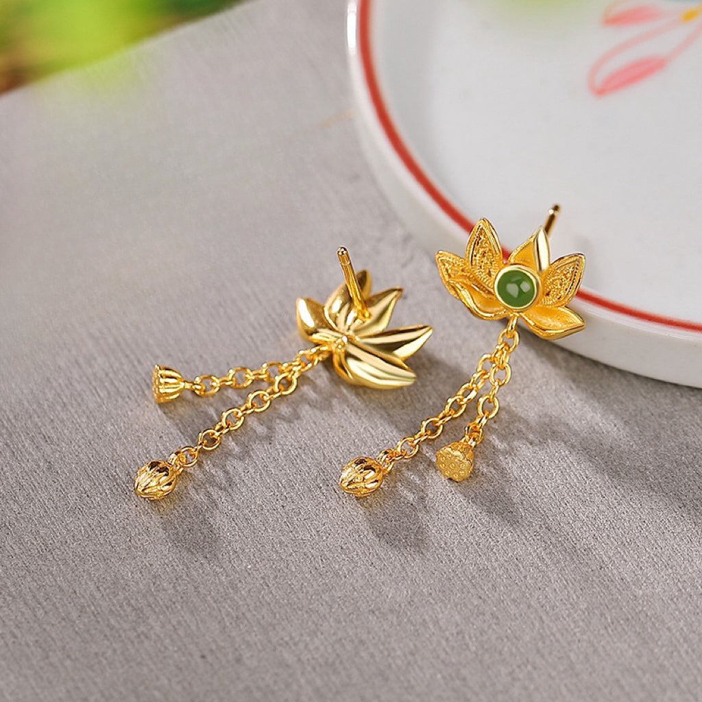 Gold plated silver lotus drop earrings with green jade centerpiece, featuring delicate chains and teardrop accents.