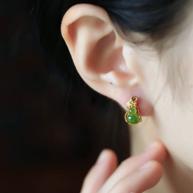 Harvest Green Jade Gourd Hoop Earrings