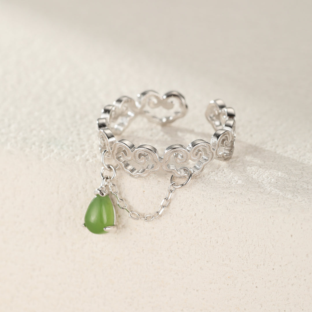 Heaven's Favor Hetian Jade Cloud Ring with silver band and dangling jade teardrop charm