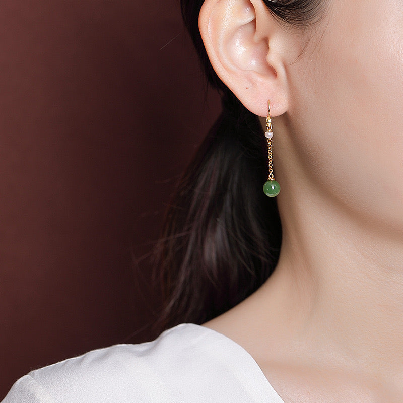 Holding Court — Green Jade Dragon Drop Earrings with pearl accent and gold chain