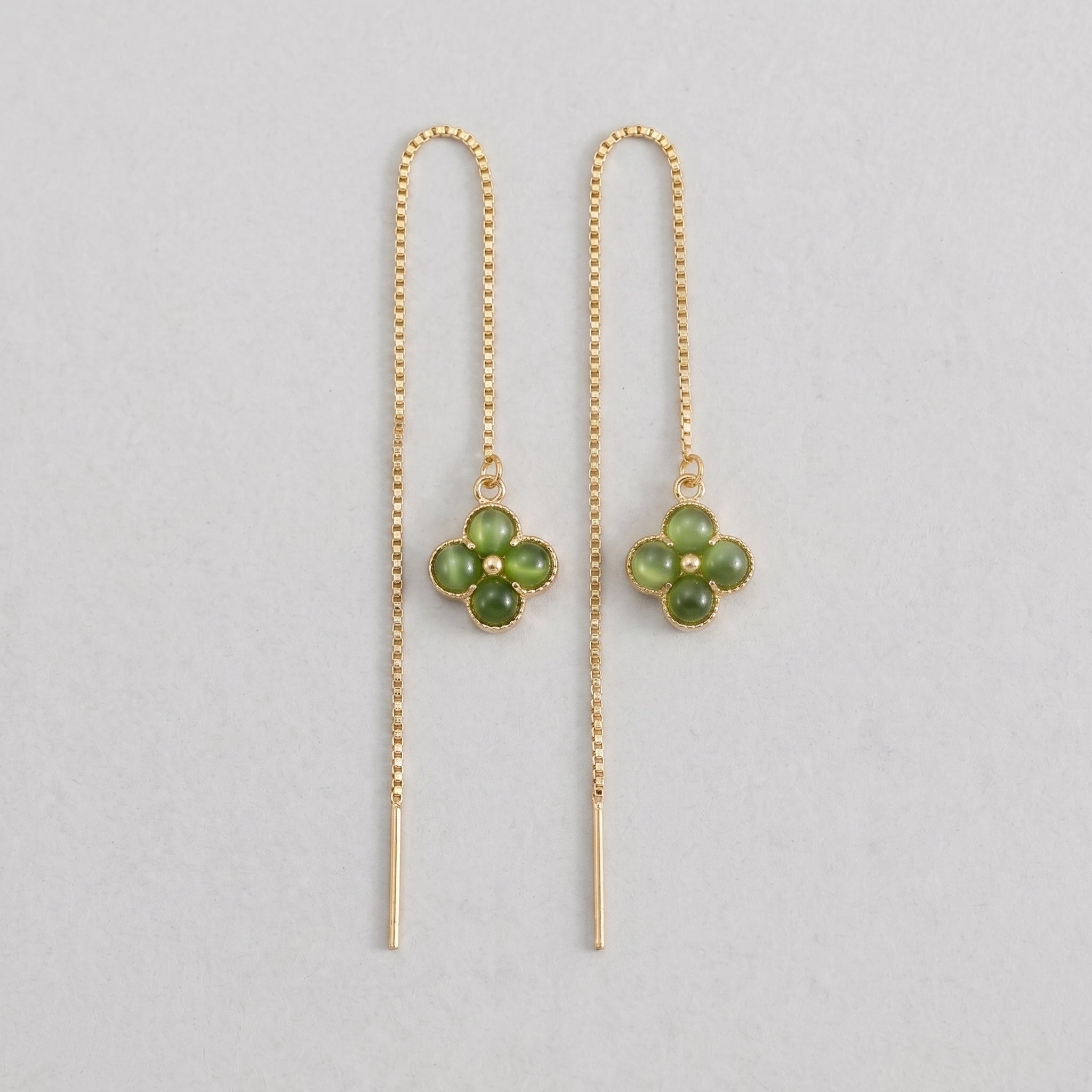 Lucky Streak green jade clover drop threader earrings