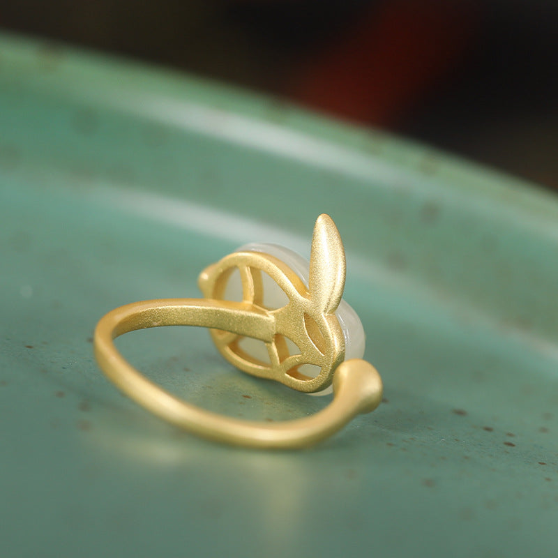 Moonglow Hetian Jade Rabbit Ring with gold-plated silver band