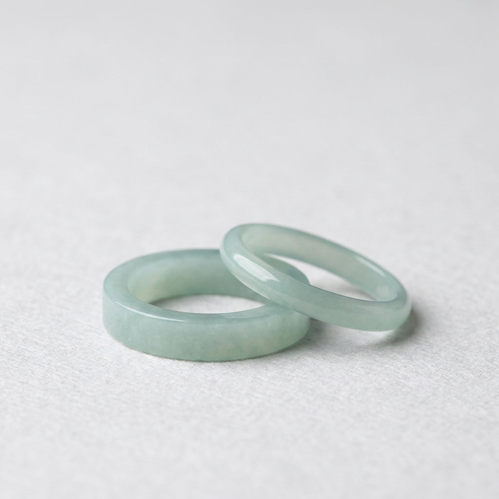 A pair of smooth, pale green jade band rings, one slightly thicker than the other, set against a soft white textured background.