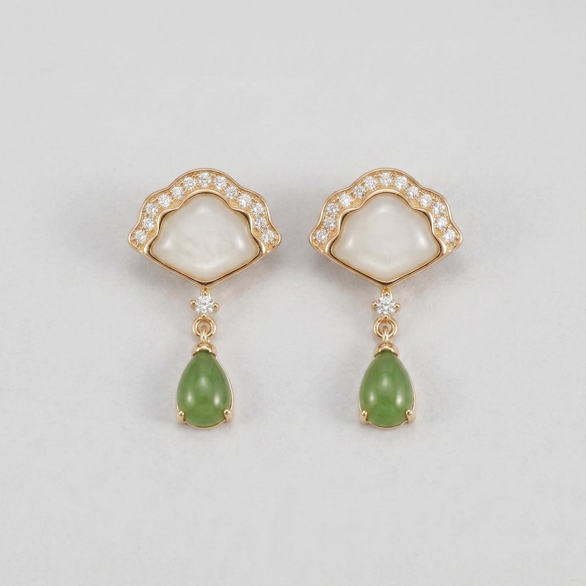Slow Dance Hetian Jade Water Drop Earrings featuring a cloud-shaped top adorned with diamonds and a central white stone, with a green jade teardrop pendant.
