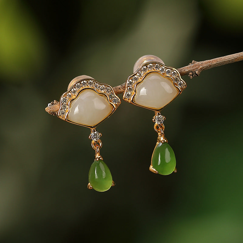 Slow Dance Hetian Jade Water Drop Earrings with gold-plated silver and cubic zirconia accents, featuring a fan-shaped top and teardrop green jade pendants.
