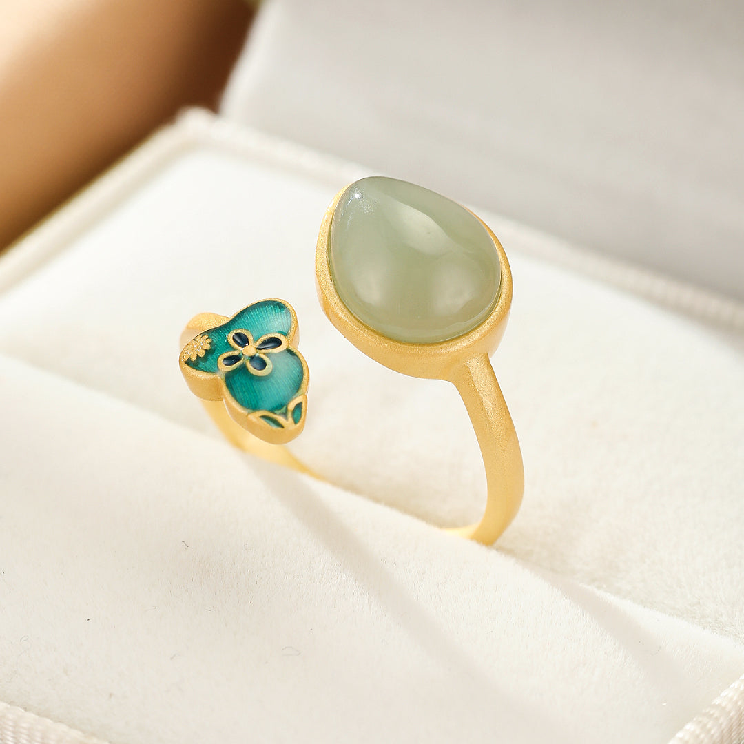 Twice Blessed Hetian Jade Gourd Jewelry Set featuring a teardrop-shaped jade stone and a turquoise gourd charm with floral details on a gold-plated silver ring.